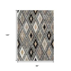 HomeRoots 8' X 10' Stylish Black Ivory Beige Geometric Washable Area Rug for Indoor & Outdoor Use 659709