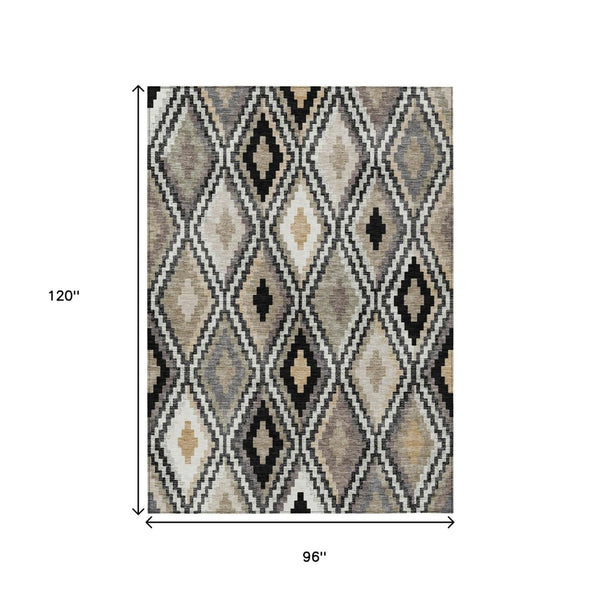 HomeRoots 8' X 10' Stylish Black Ivory Beige Geometric Washable Area Rug for Indoor & Outdoor Use 659709