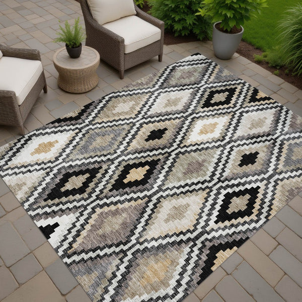 HomeRoots 9' X 12' Stylish Black Ivory and Beige Geometric Washable Area Rug for Indoor/Outdoor Spaces 659710
