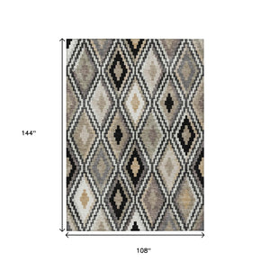 HomeRoots 9' X 12' Stylish Black Ivory and Beige Geometric Washable Area Rug for Indoor/Outdoor Spaces 659710