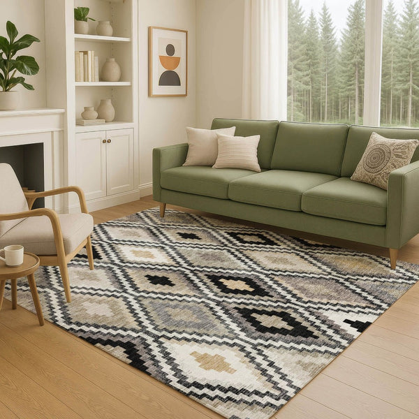HomeRoots 9' X 12' Stylish Black Ivory and Beige Geometric Washable Area Rug for Indoor/Outdoor Spaces 659710