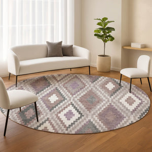 HomeRoots 8' Blush Ivory and Gray Round Geometric Rug - Stylish, Washable for Indoor/Outdoor Use & Easy Care 659714