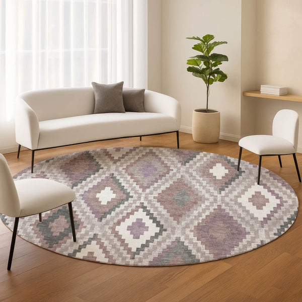 HomeRoots 8' Blush Ivory and Gray Round Geometric Rug - Stylish, Washable for Indoor/Outdoor Use & Easy Care 659714