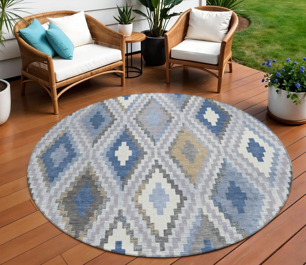 HomeRoots 8' Geometric Round Rug in Denim Blue, Gray & Ivory – Stylish, Washable for Indoor & Outdoor Use! 659720