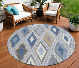 HomeRoots 8' Geometric Round Rug in Denim Blue, Gray & Ivory – Stylish, Washable for Indoor & Outdoor Use! 659720