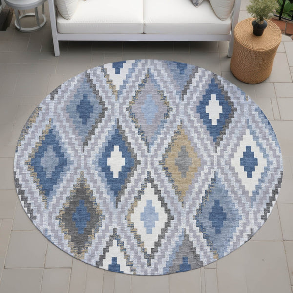 HomeRoots 8' Geometric Round Rug in Denim Blue, Gray & Ivory – Stylish, Washable for Indoor & Outdoor Use! 659720