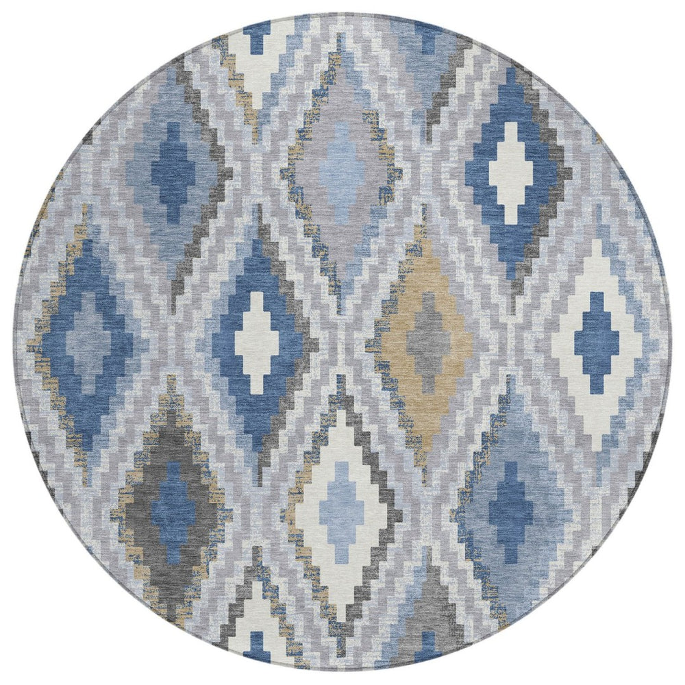HomeRoots 8' Geometric Round Rug in Denim Blue, Gray & Ivory – Stylish, Washable for Indoor & Outdoor Use! 659720