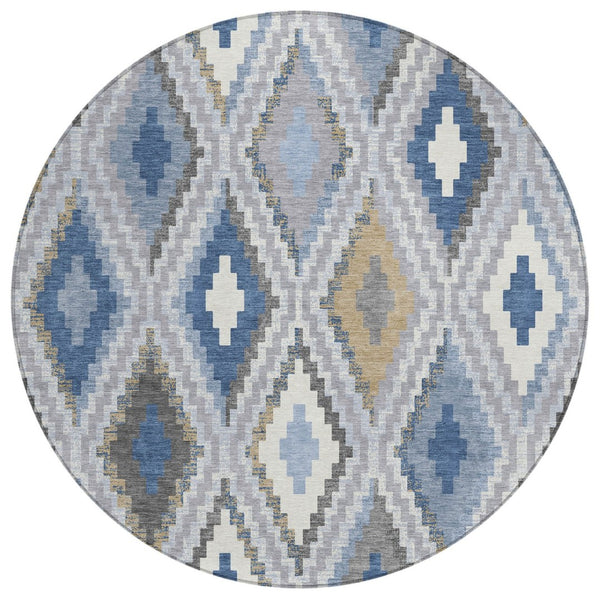 HomeRoots 8' Geometric Round Rug in Denim Blue, Gray & Ivory – Stylish, Washable for Indoor & Outdoor Use! 659720