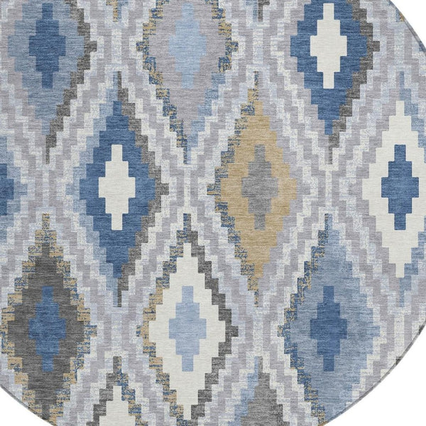 HomeRoots 8' Geometric Round Rug in Denim Blue, Gray & Ivory – Stylish, Washable for Indoor & Outdoor Use! 659720
