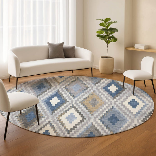 HomeRoots 8' Geometric Round Rug in Denim Blue, Gray & Ivory – Stylish, Washable for Indoor & Outdoor Use! 659720
