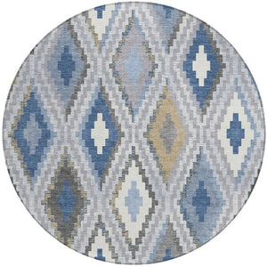HomeRoots 8' Geometric Round Rug in Denim Blue, Gray & Ivory – Stylish, Washable for Indoor & Outdoor Use! 659720