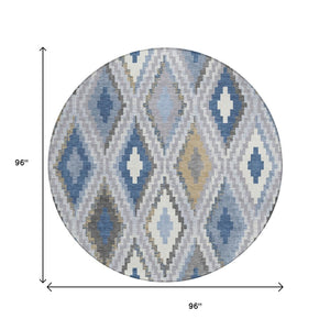 HomeRoots 8' Geometric Round Rug in Denim Blue, Gray & Ivory – Stylish, Washable for Indoor & Outdoor Use! 659720