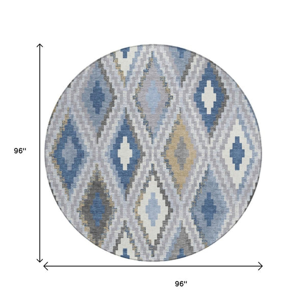 HomeRoots 8' Geometric Round Rug in Denim Blue, Gray & Ivory – Stylish, Washable for Indoor & Outdoor Use! 659720