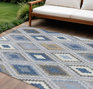 HomeRoots 8' X 10' Modern Geometric Denim Blue Gray Ivory Area Rug – Durable, Washable for Indoor/Outdoor Use 659721