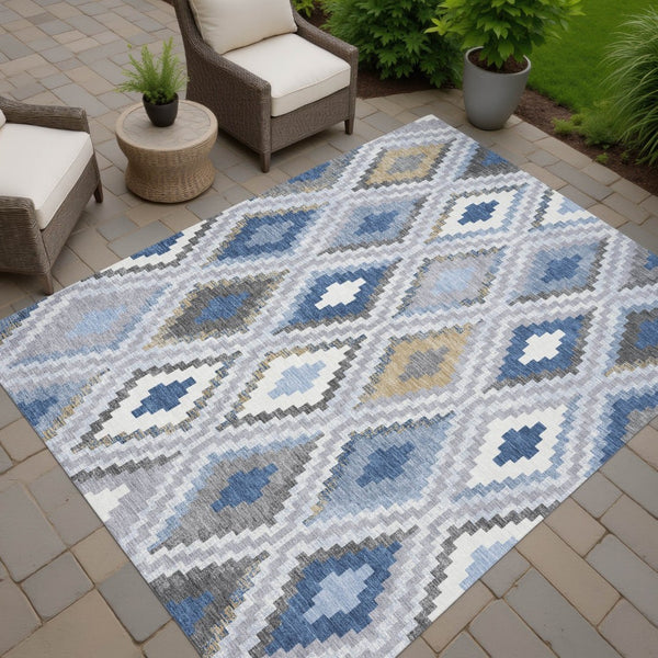 HomeRoots 8' X 10' Modern Geometric Denim Blue Gray Ivory Area Rug – Durable, Washable for Indoor/Outdoor Use 659721