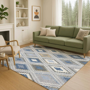 HomeRoots 8' X 10' Modern Geometric Denim Blue Gray Ivory Area Rug – Durable, Washable for Indoor/Outdoor Use 659721
