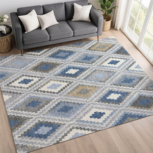 HomeRoots 8' X 10' Modern Geometric Denim Blue Gray Ivory Area Rug – Durable, Washable for Indoor/Outdoor Use 659721