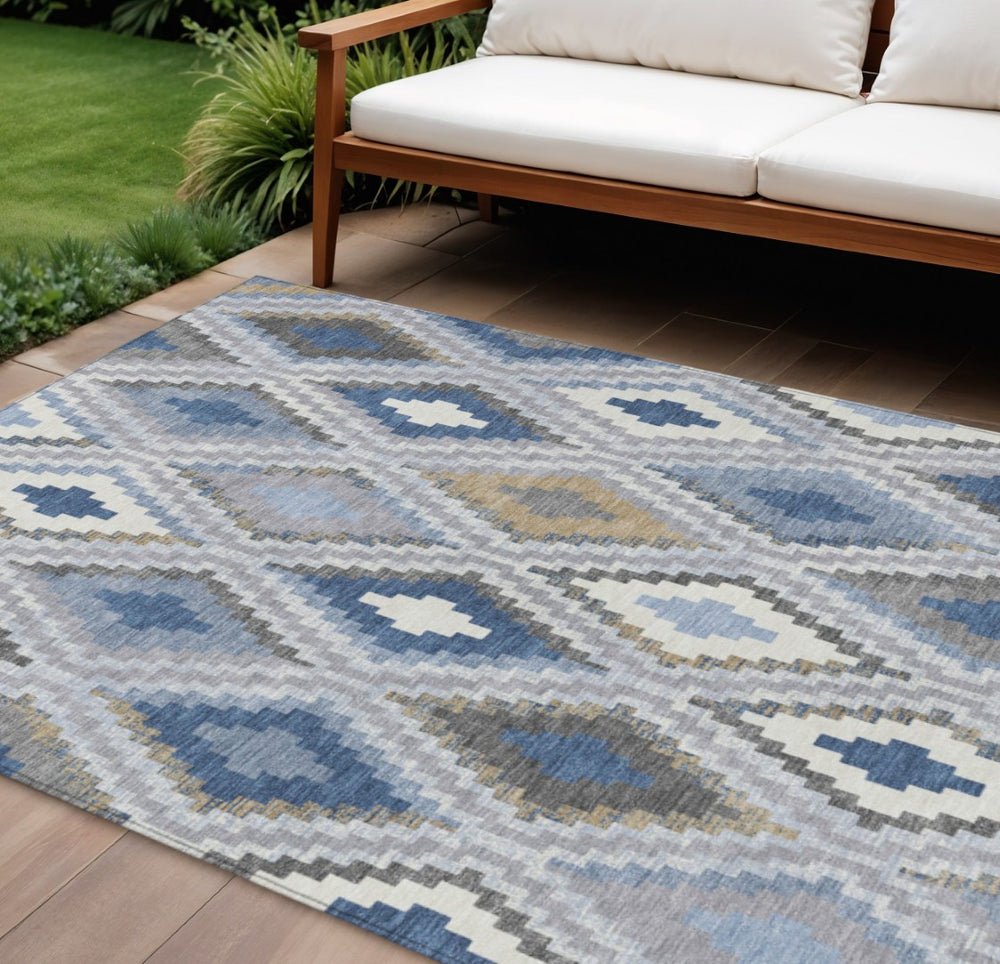 HomeRoots 10' Stylish Geometric Denim Blue Gray Ivory Area Rug – Washable, Durable for Indoor & Outdoor Use 659723