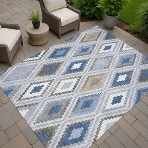 HomeRoots 10' Stylish Geometric Denim Blue Gray Ivory Area Rug – Washable, Durable for Indoor & Outdoor Use 659723