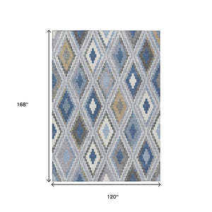 HomeRoots 10' Stylish Geometric Denim Blue Gray Ivory Area Rug – Washable, Durable for Indoor & Outdoor Use 659723
