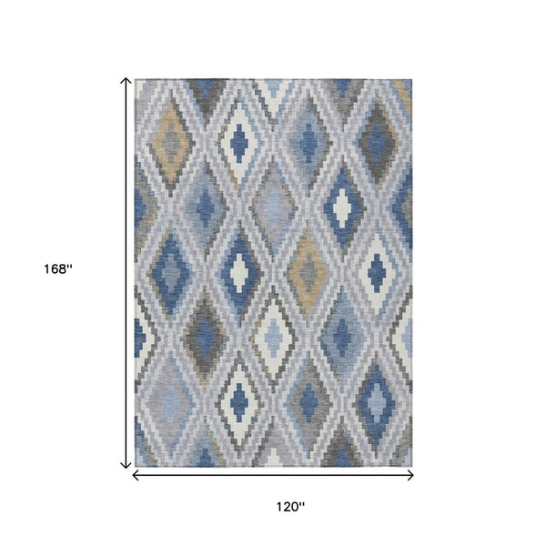 HomeRoots 10' Stylish Geometric Denim Blue Gray Ivory Area Rug – Washable, Durable for Indoor & Outdoor Use 659723