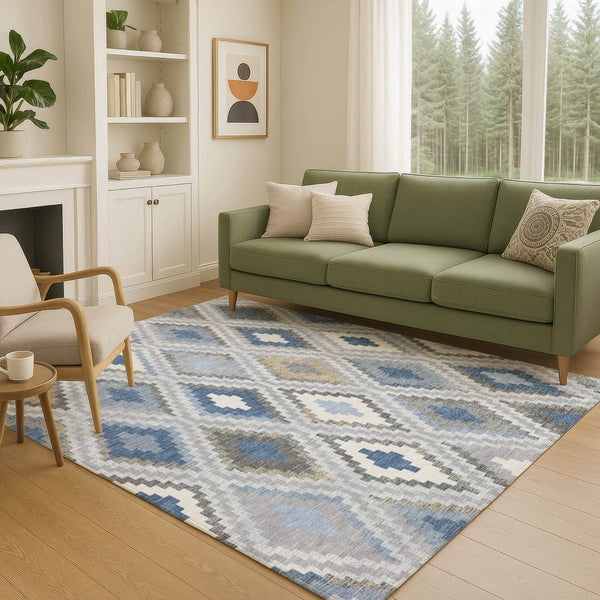 HomeRoots 10' Stylish Geometric Denim Blue Gray Ivory Area Rug – Washable, Durable for Indoor & Outdoor Use 659723