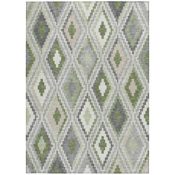 HomeRoots 5' X 8' Stylish Fern Green Gray Ivory Geometric Washable Area Rug for Indoor/Outdoor Living Spaces 659725