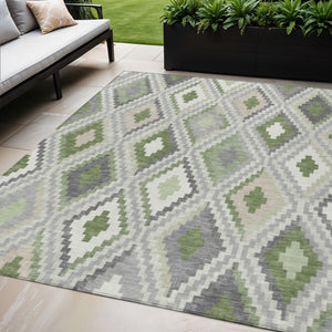 HomeRoots 5' X 8' Stylish Fern Green Gray Ivory Geometric Washable Area Rug for Indoor/Outdoor Living Spaces 659725