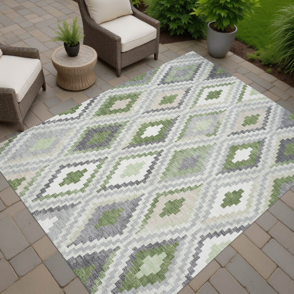 HomeRoots 5' X 8' Stylish Fern Green Gray Ivory Geometric Washable Area Rug for Indoor/Outdoor Living Spaces 659725