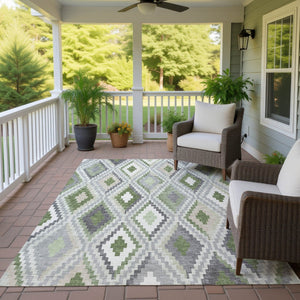 HomeRoots 5' X 8' Stylish Fern Green Gray Ivory Geometric Washable Area Rug for Indoor/Outdoor Living Spaces 659725