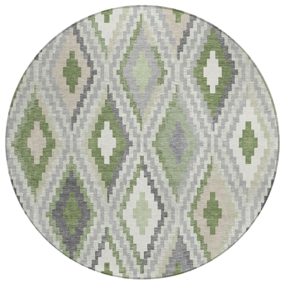 HomeRoots 8' Stylish Fern Green Gray Ivory Round Geometric Rug – Washable, Durable for Indoor & Outdoor Use! 659726
