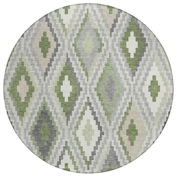 HomeRoots 8' Stylish Fern Green Gray Ivory Round Geometric Rug – Washable, Durable for Indoor & Outdoor Use! 659726
