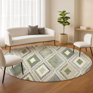 HomeRoots 8' Stylish Fern Green Gray Ivory Round Geometric Rug – Washable, Durable for Indoor & Outdoor Use! 659726