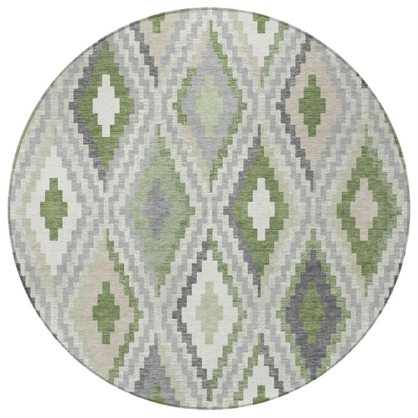 HomeRoots 8' Stylish Fern Green Gray Ivory Round Geometric Rug – Washable, Durable for Indoor & Outdoor Use! 659726
