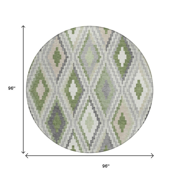 HomeRoots 8' Stylish Fern Green Gray Ivory Round Geometric Rug – Washable, Durable for Indoor & Outdoor Use! 659726