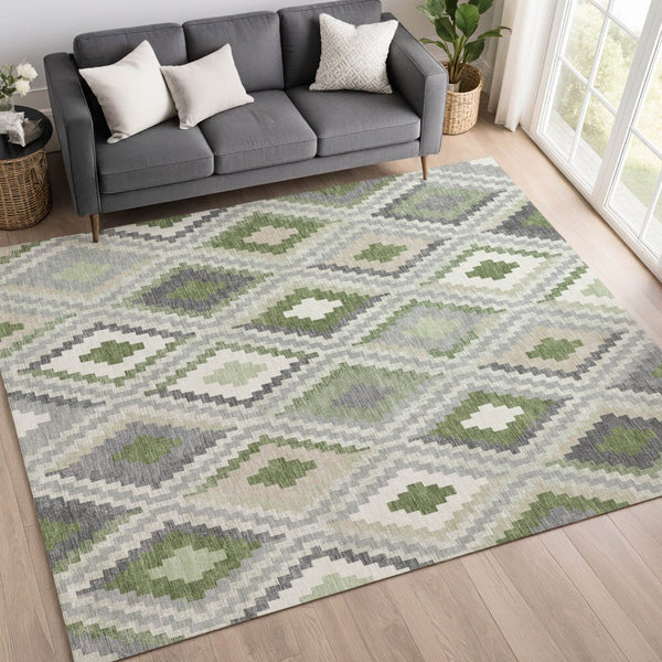 HomeRoots 8' X 10' Stylish Fern Green, Gray & Ivory Geometric Washable Rug for Indoor & Outdoor Use 659727