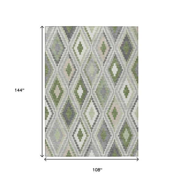 HomeRoots 9' X 12' Washable Indoor Outdoor Area Rug – Geometric Fern Green, Gray, Ivory – Durable & Stylish Decor 659728