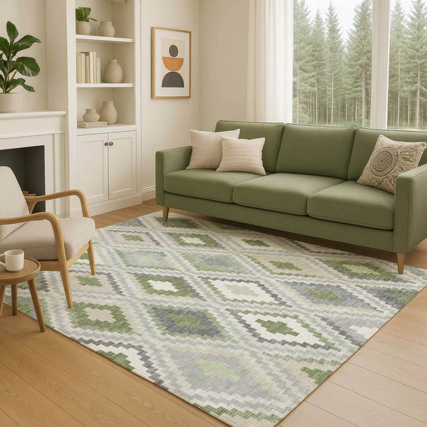 HomeRoots 10' Stylish Fern Green Gray & Ivory Geometric Indoor/Outdoor Washable Area Rug for High-Traffic Spaces 659729