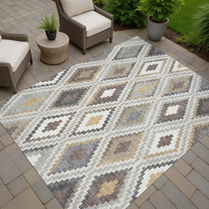 HomeRoots 10' Geometric Taupe, Gold & Ivory Washable Area Rug - Durable for Indoor & Outdoor Spaces, Modern Style 659735