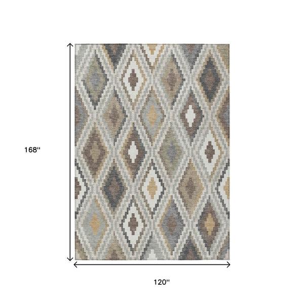 HomeRoots 10' Geometric Taupe, Gold & Ivory Washable Area Rug - Durable for Indoor & Outdoor Spaces, Modern Style 659735