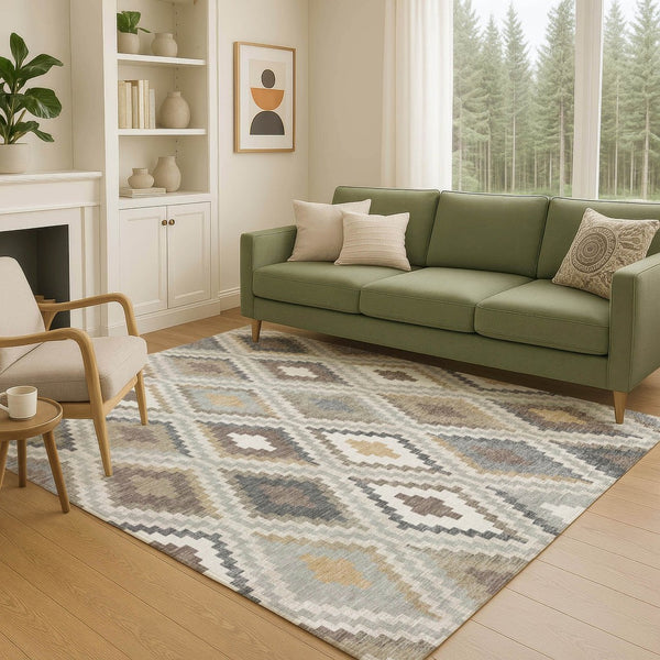HomeRoots 10' Geometric Taupe, Gold & Ivory Washable Area Rug - Durable for Indoor & Outdoor Spaces, Modern Style 659735