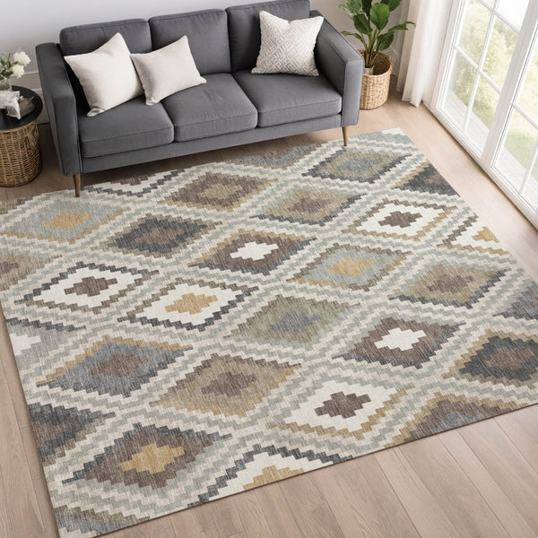 HomeRoots 10' Geometric Taupe, Gold & Ivory Washable Area Rug - Durable for Indoor & Outdoor Spaces, Modern Style 659735