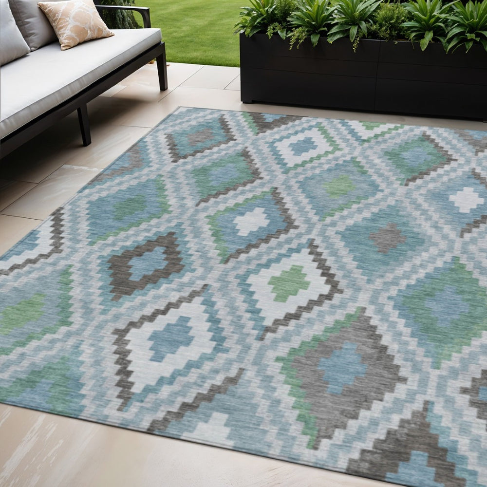 HomeRoots 5' Teal Blue Ivory and Green Geometric Washable Area Rug - Durable, Stylish for Indoor & Outdoor Use! 659737