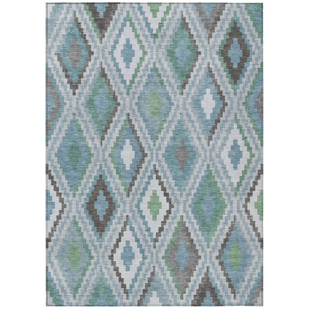 HomeRoots 5' Teal Blue Ivory and Green Geometric Washable Area Rug - Durable, Stylish for Indoor & Outdoor Use! 659737