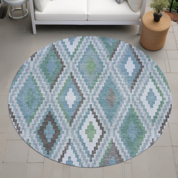 HomeRoots 8' Teal Blue Ivory & Green Round Geometric Washable Area Rug – Durable, Stylish for Indoor & Outdoor Use 659738