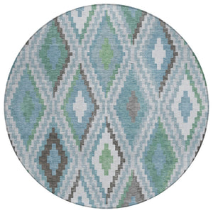 HomeRoots 8' Teal Blue Ivory & Green Round Geometric Washable Area Rug – Durable, Stylish for Indoor & Outdoor Use 659738