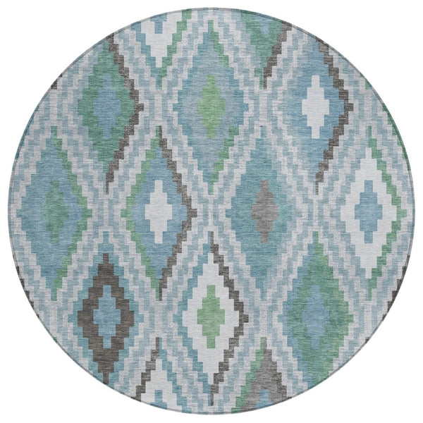 HomeRoots 8' Teal Blue Ivory & Green Round Geometric Washable Area Rug – Durable, Stylish for Indoor & Outdoor Use 659738