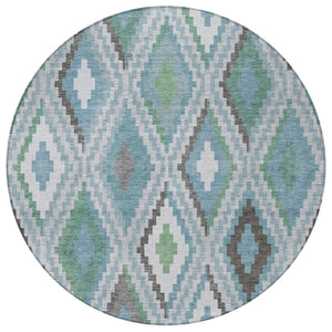 HomeRoots 8' Teal Blue Ivory & Green Round Geometric Washable Area Rug – Durable, Stylish for Indoor & Outdoor Use 659738