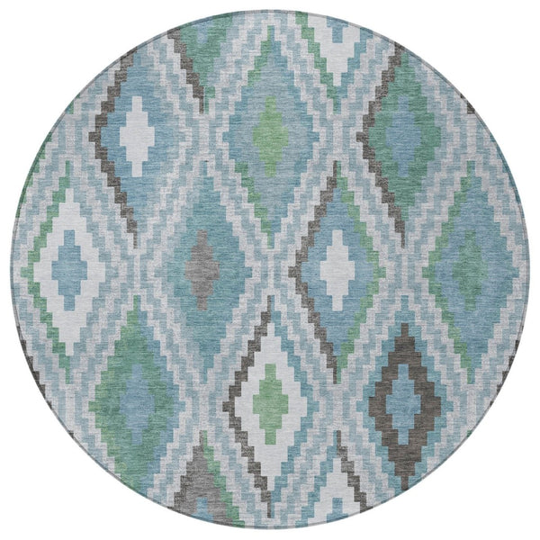 HomeRoots 8' Teal Blue Ivory & Green Round Geometric Washable Area Rug – Durable, Stylish for Indoor & Outdoor Use 659738