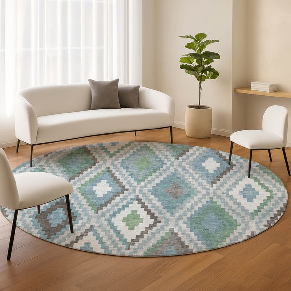 HomeRoots 8' Teal Blue Ivory & Green Round Geometric Washable Area Rug – Durable, Stylish for Indoor & Outdoor Use 659738
